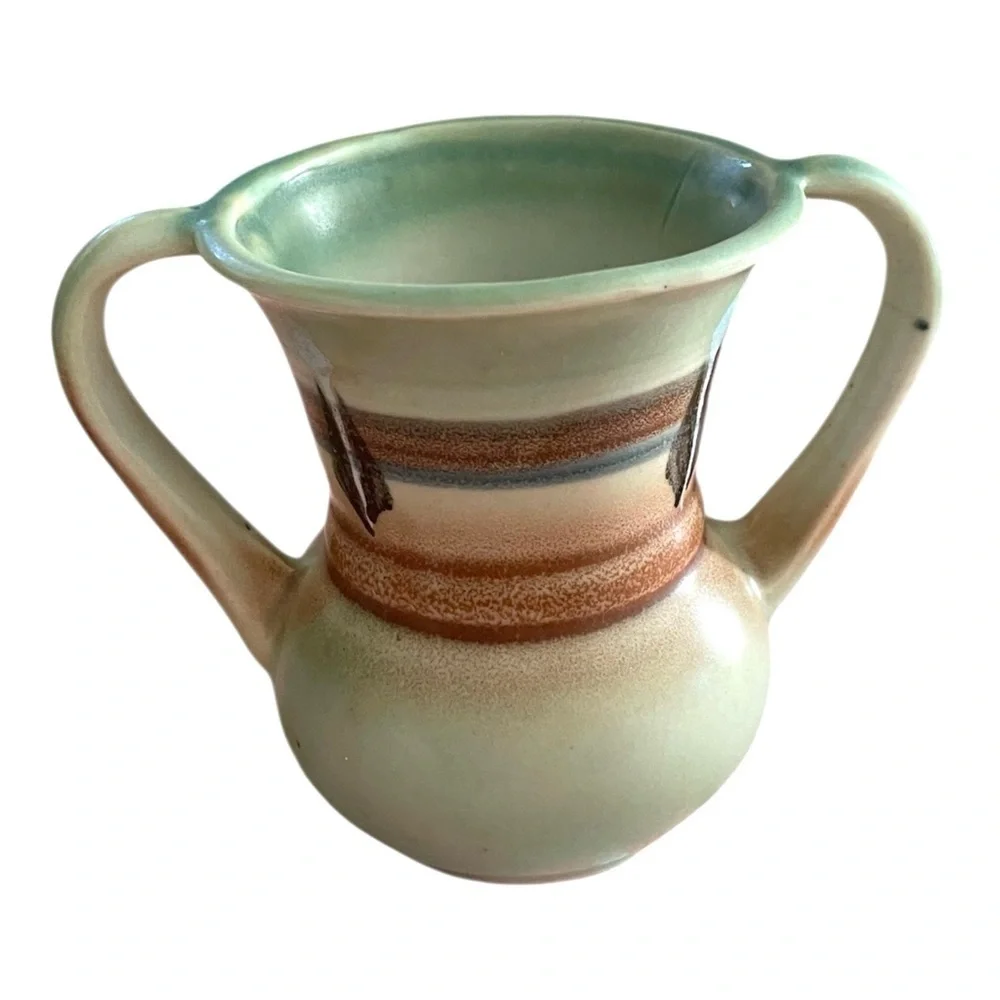 Made in Japan Art Deco.Style Ceramic Vae, Two Handles, Green & Brown.